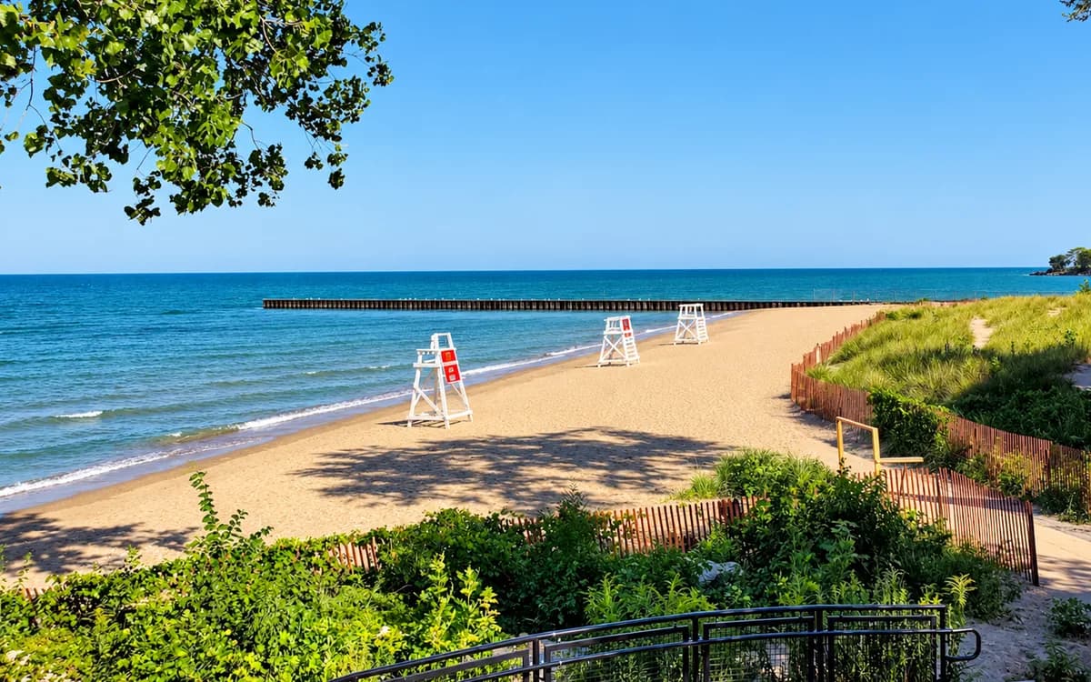 Sandy Lake Michigan beach in Evanston on a summer day