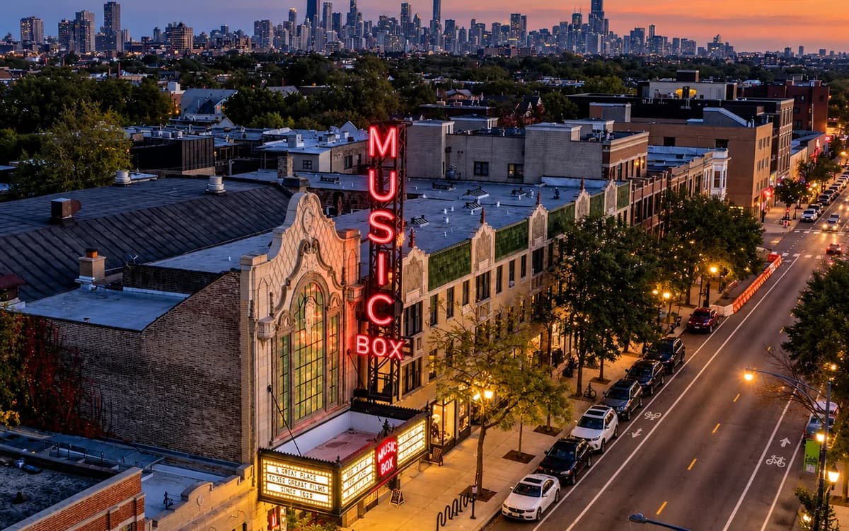 The illuminated red neon Music Box Theatre marquee at dusk with the Chicago skyline visible in the background