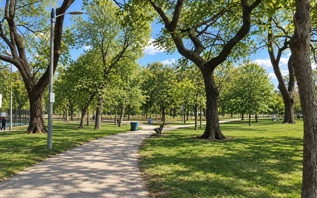 Paved walking path winding through the tree-shaded lawns of Horner Park
