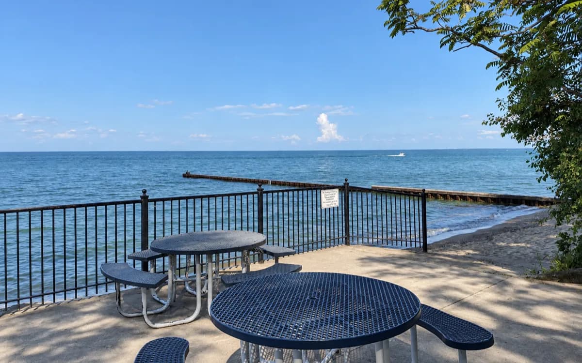 Picnic tables and a railed overlook above the sandy shore of Elder Lane Beach on Lake Michigan