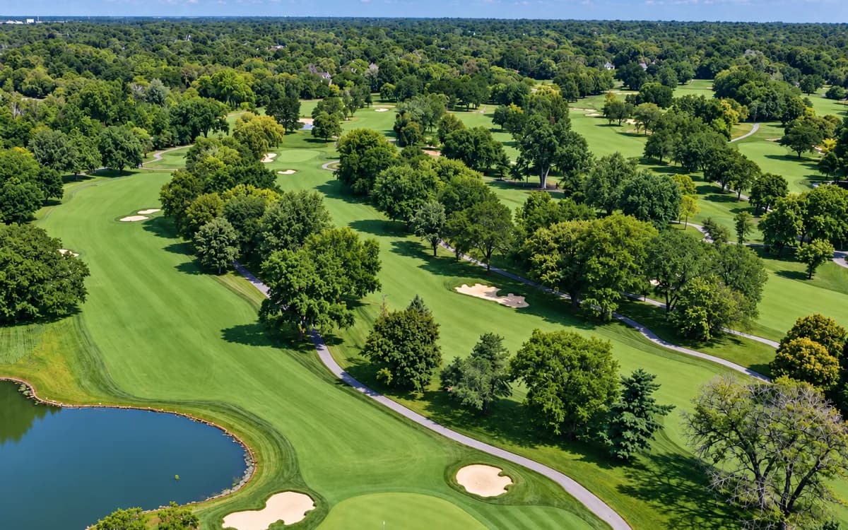An aerial view of Winnetka Golf Club's tree-lined fairways, sand bunkers, and a pond