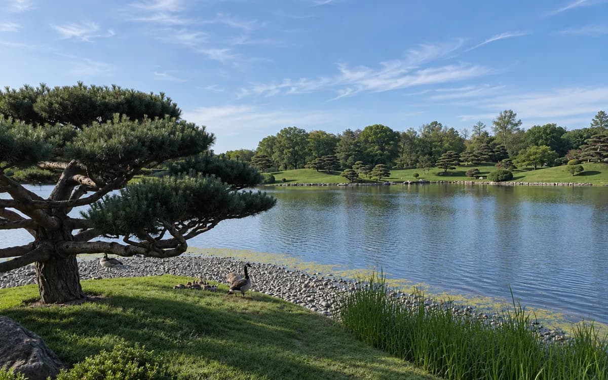A landscaped lagoon with a Japanese pine and grazing geese at the Skokie Lagoons in Winnetka