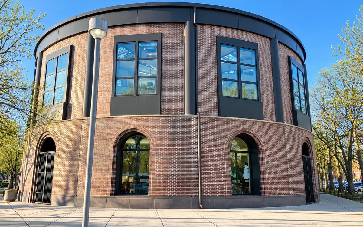 The rounded brick corner of the Sulzer Regional Library building