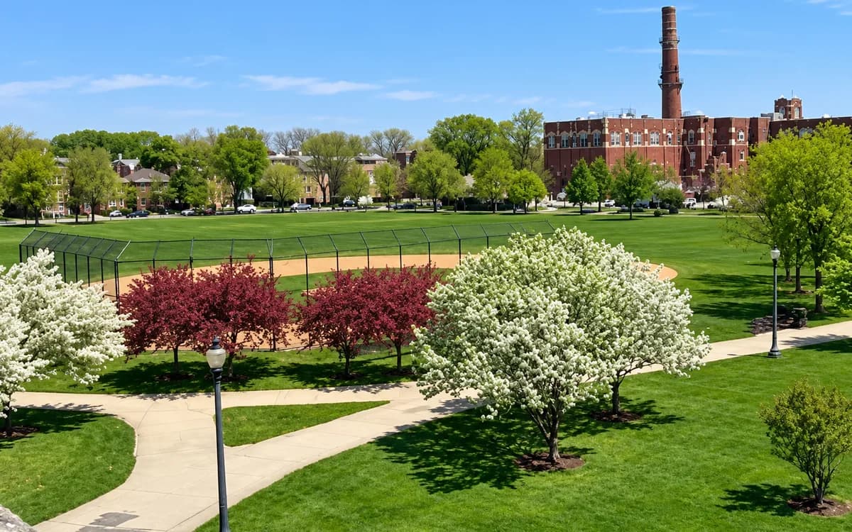 Flowering trees along a paved path beside the ball field at Winnemac Park