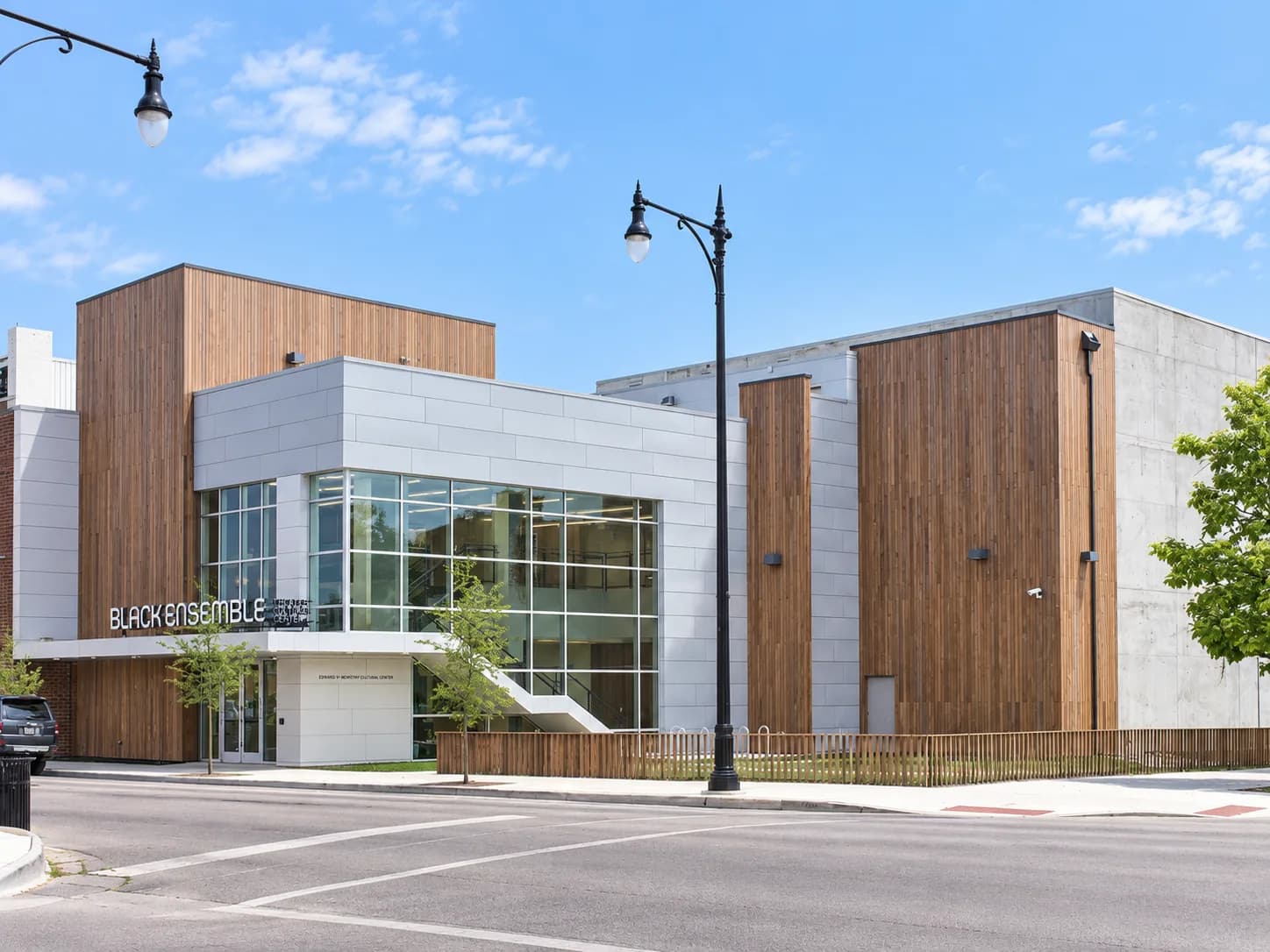 The wood-and-concrete facade of the Black Ensemble Theater's cultural center on Clark Street