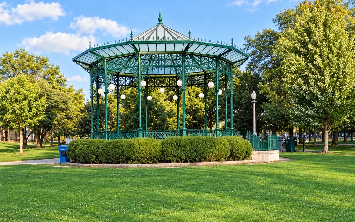 The green Victorian bandstand pavilion at Welles Park surrounded by lawn and mature trees